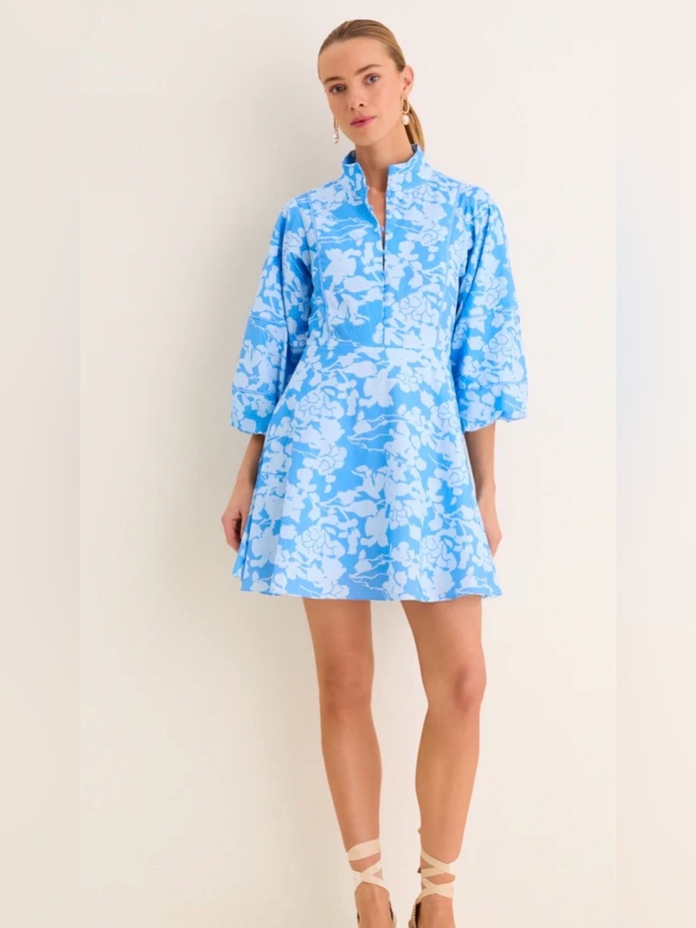 Light Blue Floral Mini Dress with Stand Collar